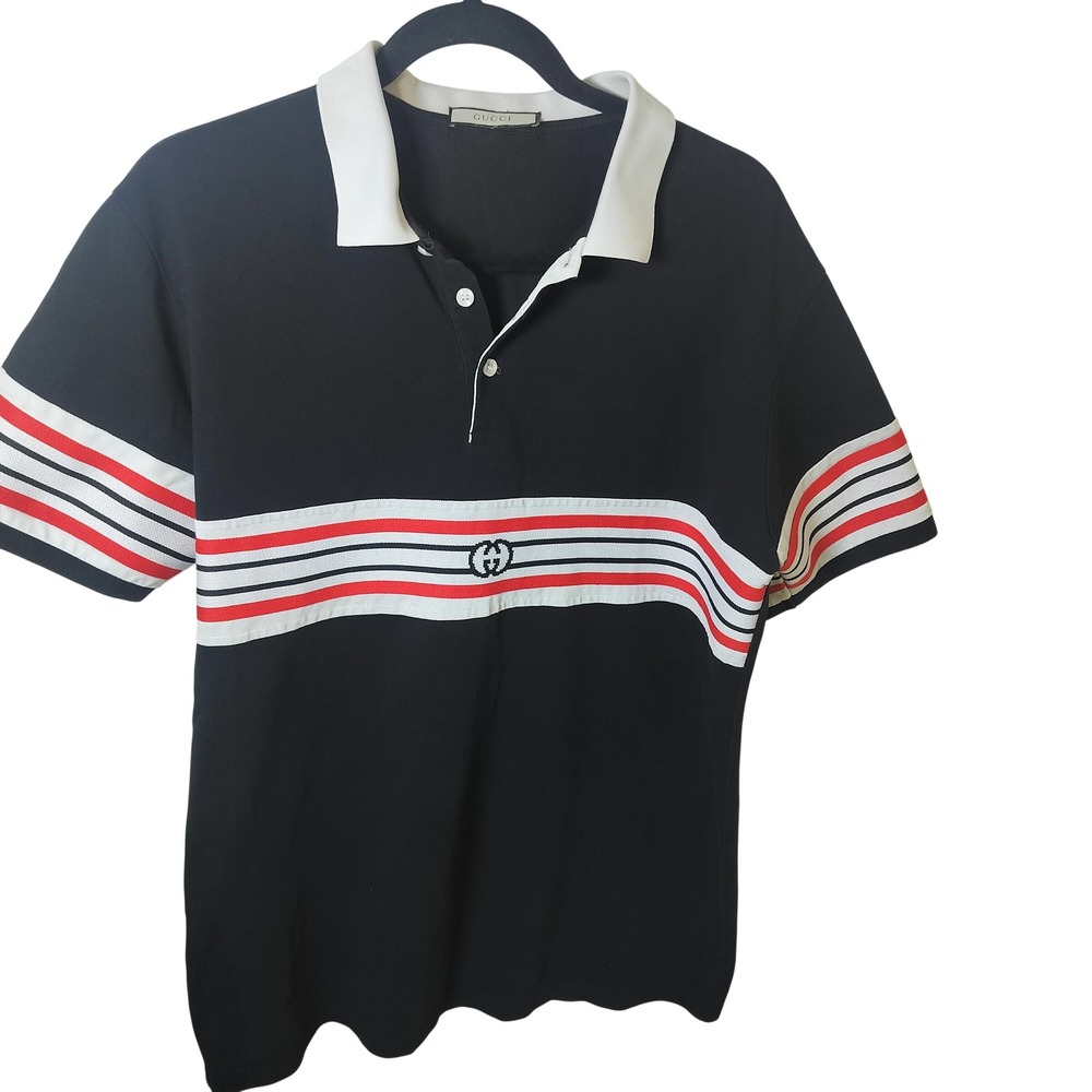 Gucci Mens Interlocking G Striped Polo Shirt‎ Black Red White Short Sleeve